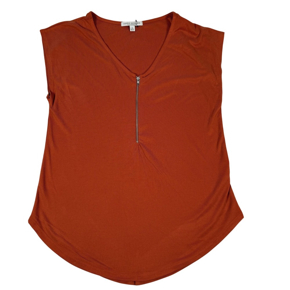 Green Envelope Blouse XS V Neck 1/4 Zip Sleeveless Ribbed Knit Top Boho Chic‎
